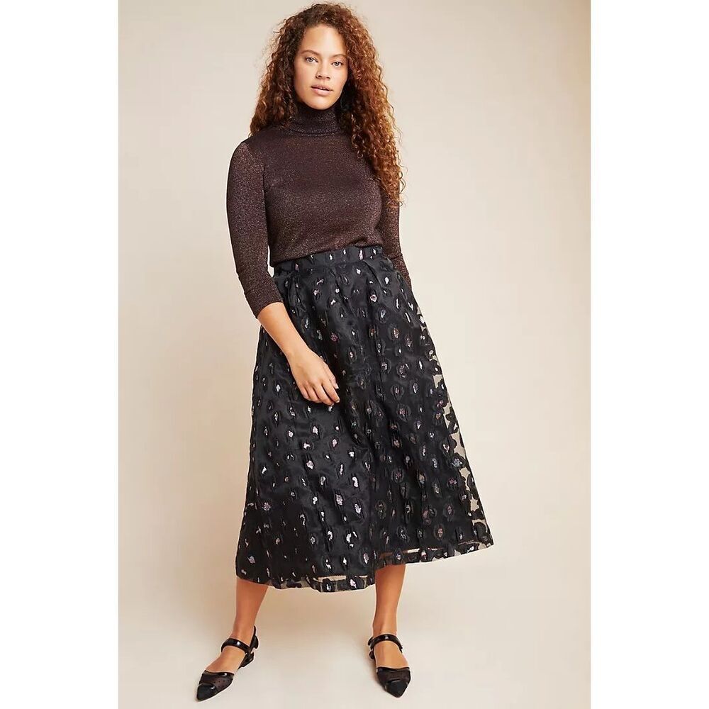 Maeve Aubrey Jacquard Midi A-Line Skirt Size 6 Black Retro Parisian #711